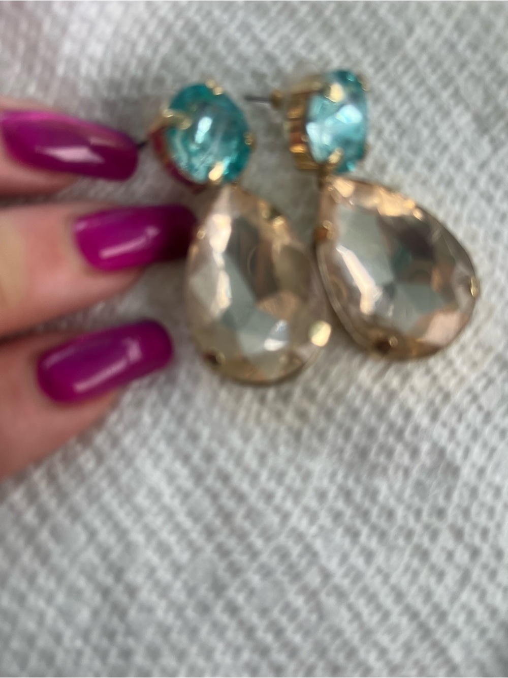 Gold Teardrop Crystal Drop Earrings with Aqua Stud